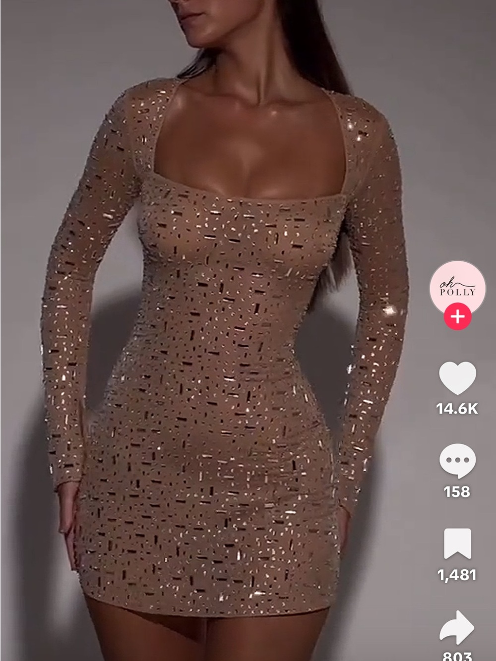 Oh Polly Nude Sequin Square-Neck Mini Dress